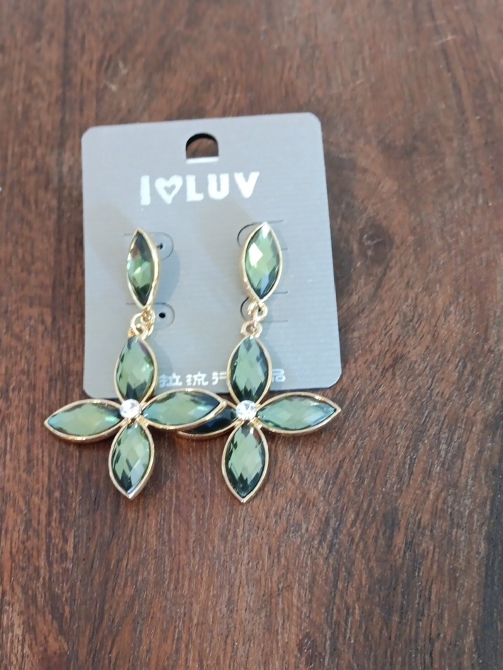 Gold-Trim Green Crystal Flower Drop Earrings -